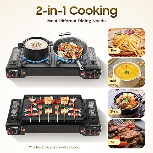 Réchaud à gaz portable 2 feux avec plateau de barbecue et mallette de rangement pour camping, voyage, randonnée, pique-nique, barbecue sur la terrasse et bien plus encore thumbnail 3
