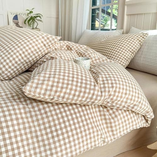 LifeTB Queen Comforter Set Tan Gingham Comforter Modern Style Beige Plaid Comforter Set 3 Pieces Fluffy Grid Checkered Comforter with 2 Pillowcases Boho Gingham Bedding Set Queen Size thumbnail 8