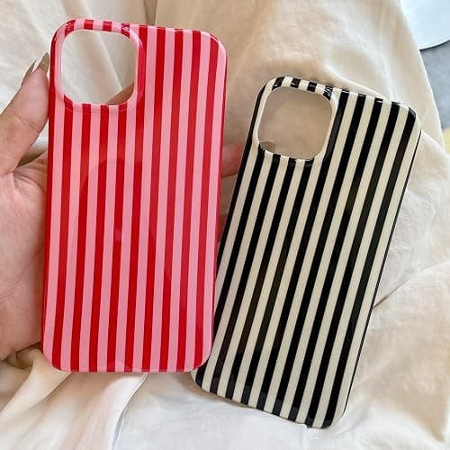 Reoomukk Cute Striped Phone Case Compatible with iPhone 16 Pro Max 6.9",Aesthetic Trendy Retro Stripe Pattern Chic Pretty Stylish Protective Girls Women Cover for iPhone 16promax-Red Pink thumbnail 6
