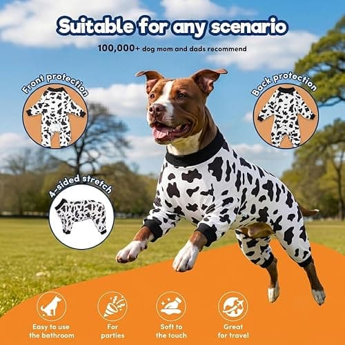 LovinPet Large Dog Pajamas, All-Season Animal Print, White, XL | 4-Leg Cotton Blend Bodysuit; Ribbed Cuffs; Warm Pajamas for Pitbulls and Big Breeds; Black; Large Breed Dog Jammies thumbnail 4