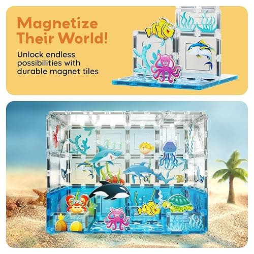 PicassoTiles Magnet Tiles Magnetic Building Blocks Aquarium Marine Animal Theme Set with 8 Character Action Figures Shark Crab Turtle STEM Toys Construction Preschool Toddlers Kids Boys Girls 3+ PTQ15 thumbnail 8