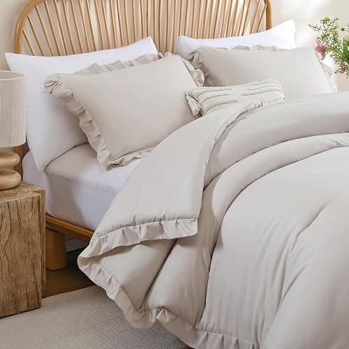 JANZAA King Size Comforter Set Beige Ruffle Comforter 3PCS Soft Fluffy Boho Comforter Vintage Farmhouse Bed Set Shabby Chic Bedding with 2 Pillowcases for All Season thumbnail 3