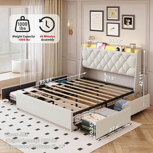 Queen Size Bed Frame with 4 Drawers and Storage Headboard, Upholstered Button Tufted Platform Bed Queen with Led Lights and Charging Station, No Box Spring Needed, Easy Assembly, Noise Free, Beige thumbnail 2