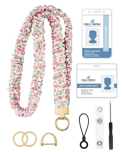SOPHIYAYA Scrunchie Lanyard for ID Badge Holder, Cute Teacher Lanyard for Women with 2 Card Clear Badge Holder (Pink Floral) - Image 1