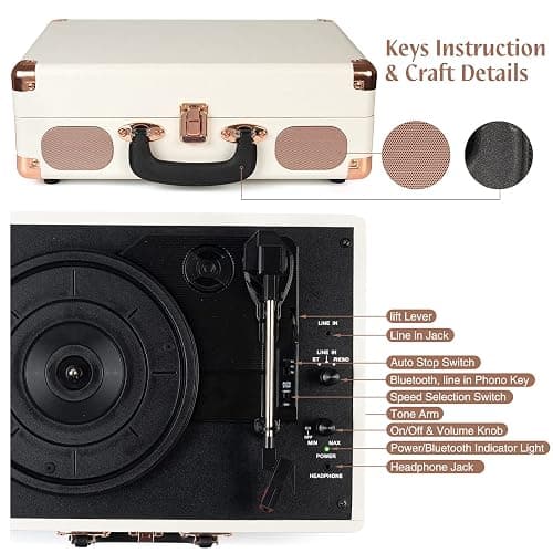 Retrolife® Record Player,3-Speed Bluetooth Suitcase Vinyl Player-White | Built-in Stereo Speakers, Portable Turntable Plays 7/10/12" Records, 33/45/78 RPM, Bluetooth Streaming, RCA/Headphone Jack thumbnail 4