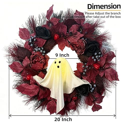 HipTree 20 Inch Lighted Ghost Halloween Wreath for Front Door | Spooky Ghost Wreath With Red Black Roses & Berries. Warm LED Light For Indoor Outdoor Porch, Window & Haunted House Decor thumbnail 2