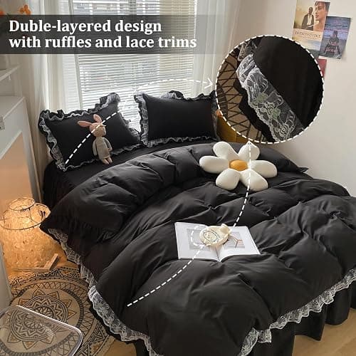 Black Ruffle Duvet Cover Sets 3 Pieces Lace Bedding Set with 2 Pillowcases Double Soft Breathable Microfiber Duvet Cover 200 x 200 cm thumbnail 3