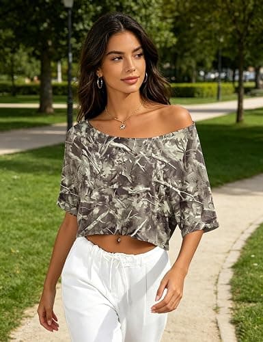 Kistore Off The Shoulder Tops for Women Going Out Short Sleeve Crop Top Boat Neck Loose T Shirt thumbnail 6