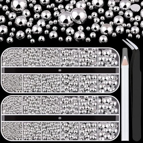 Belleboost Silver Nail Charms and Gems, 2 Boxes Half Round Flatback Pearl Nail Charms, Nail Pearls Rhinestones Silver Beads for Nails with Pencil and Tweezer for DIY Nail Art, Face Makeup and Crafting - Image 1