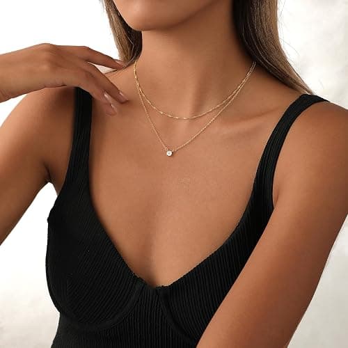 Hothrty Layered Gold Necklace for Women Trendy 14K Gold Plated Heart CZ Pendant Layered Gold Necklaces Set Coin Choker Necklaces Simple Circle Cubic Zirconia Pearl Necklace Stack Herringbone Paperclip Chain Jewelry Set thumbnail 9
