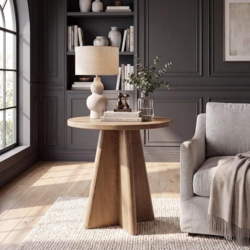 Tribesigns Round End Table Living Room, 19.7" Small Modern Couch Side Table | Sculptural Cross Base, Warm Natural Woodgrain Finish, 23.6" Accent Table for Small Spaces, Bedroom, Sofa, Natural Oak thumbnail 9
