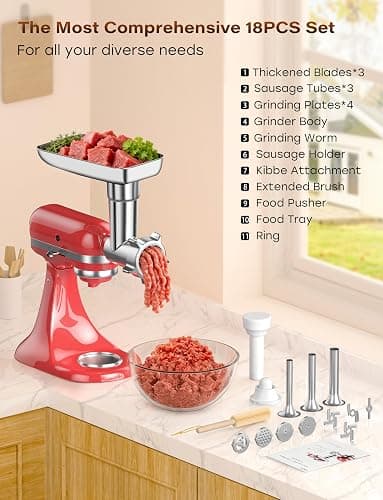 100% Polished Stainless Steel Meat Grinder Attachment for KitchenAid Mixer, Dishwasher Safe Food Grinder Attachment Anti-Corrosion, 18-Piece Set Includes 3 Seamless Sausage Stuffers, 4 Grinding Plates thumbnail 4