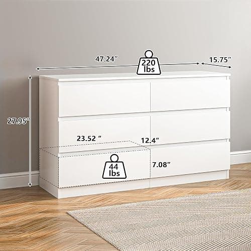 Vibe & Dine White Dresser 6 Drawer, Modern Double Dresser for Bedroom, Wood Chest of Drawers with Wide Storage for Living Room thumbnail 3