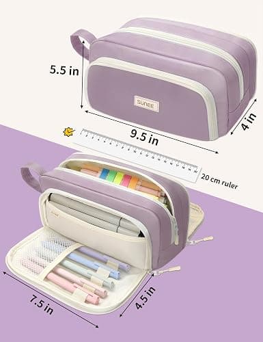 SUNEE Cute Pencil Case, Aesthetic Pen Pouch with 3 Compartments, Kawaii Colored Large Pencil Bag with Zipper, Stationery Storage and Organizer, Purple School Supplies for Teen and Adult Girls thumbnail 5