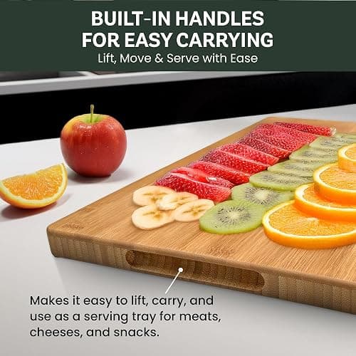 Large Bamboo Cutting Board - 17” Wooden Chopping Block for Kitchen, Charcuterie & Cheese Board with Side Handles and Deep Juice Groove by Bambüsi thumbnail 9