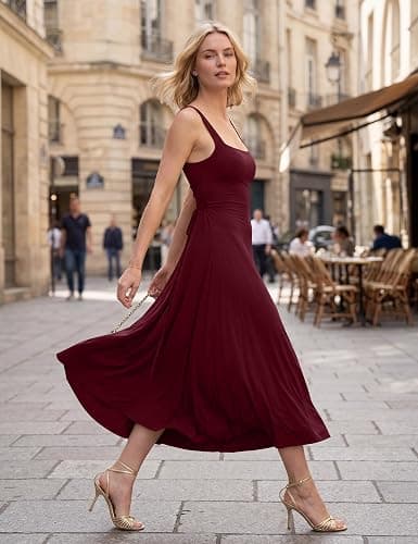 OYS Women's Casual Sleeveless Square Neck A-Line Flowy Long Dress | Side Pockets,Corset,Slim,Solid Color,Stetchy,Elegant,Back Tie,Tank,Party,Club,Dailywear,Goinng out,Wedding Guest,Comfy,Maxi thumbnail 3