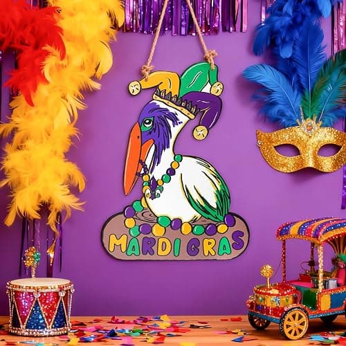 Mardi Gras Decorations, Wooden Pelican Sign for Mardi Gras Front Door Hanger, New Orleans Carnival Signs Decor Wreath Mantel Home Wall Porch for Holiday Hanging Decorations Outdoor Indoor thumbnail 4