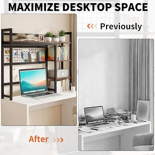 GYXZ Desktop Shelf, 32.3'' Desktop Organizer Shelf for Computer Monitor, 4 Tier Hutch Storage Rack for Home Office Dorm, Rustic Brown thumbnail 4