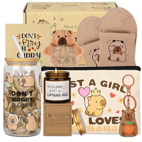 Bayelove Capybara Gifts for Women Capybara Stuff with Glass Cup Makeup Bag Sock Hair Bands Capybara Keychain and Gift Cards Gift for Capybara Lover - Image 1