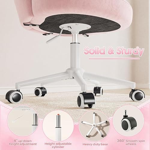 Homkdom Office Vanity Chair with Wheels, Comfy Desk Chair with Back, Armless Home Office Desk Chair Hight Adjustable & 360° Swivel, Makeup Task Chair for Bedroom, Study Room, Blush Pink thumbnail 9