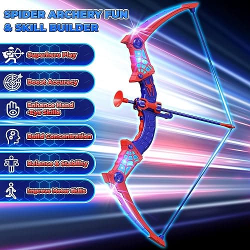 Spider Toys for Boys Age 3-4 4-6 6-8 8-12, Kids Toy BowArrow Shooting Set with Red & Blue LED Lights, Spider Quiver & Web Target, 8 Suction Cup Arrows, Toys Gifts for 3 4 5 6 7 8 9 10 12 Year Old Boys thumbnail 2