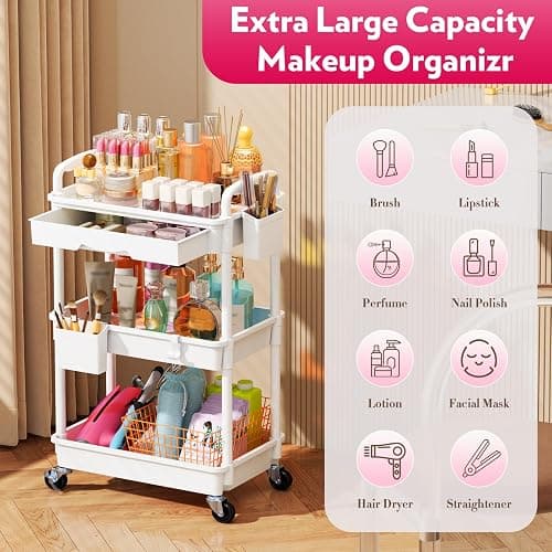 SUNALLY Makeup Cart Organizer with Drawers, Floor Skincare Organizers Vanity Storage Organizer, Rolling Makeup Bathroom Storage Cart Cosmetics Display Cases for Skin Care Perfume Nail Polish, White thumbnail 5