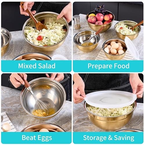 DINYWOW 4 Piece Gold Mixing Bowls With Lids for Kitchen, Stainless Steel Set Ideal for Baking, Prepping, Cooking and Serving Food, Nesting Metal Bowls for Space Saving Storage thumbnail 4
