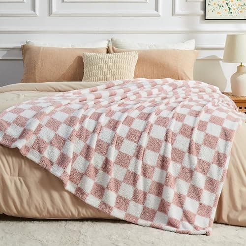 NEWCOSPLAY Knitted Pink White Checkered Blanket Super Soft Plush Throw for Couch Fuzzy Fluffy Microfiber Lightweight Blanket for Bed Sofa All Season Use (Pink White, Twin(60"x80")) thumbnail 3