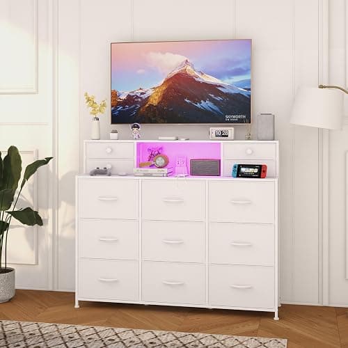 Welfuturer White Dressers for Bedroom with Power Outlets and LED Lights 13 Drawers Dresser Faux Leather Fabric Chest of Drawers for Bedroom Living Room Hallway Entryway Closets Sturdy Frame Wood Top - White thumbnail 4