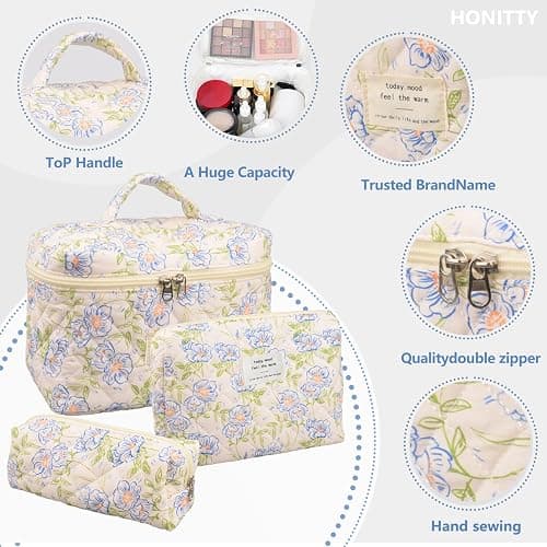 Makeup Bag,Quilted Cosmetic Bags,Large Floral Make Up Organize bag,Makeup Bag Set for Women,Flower Travel Toiletry Bag thumbnail 3