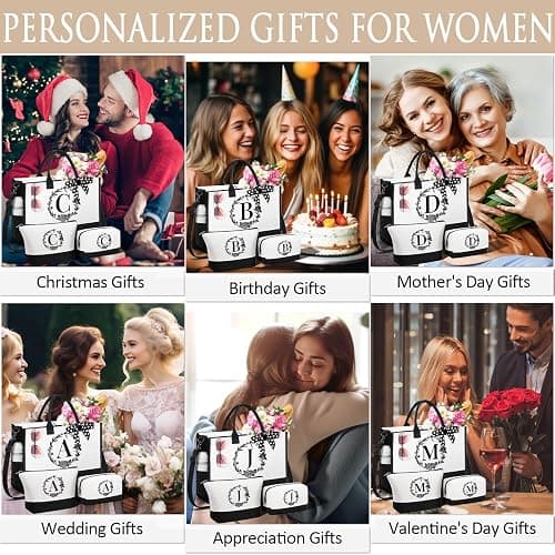 Personalized Christmas Gifts for Women, Initial Canvas Tote Bag & Makeup Bag Monogrammed Beach Tote Bags for Women w/Zipper, Birthday Gifts for Mom Her Sister Friend Girlfriend Wife Daughter Teacher thumbnail 6
