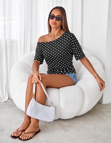 MEROKEETY Women's Off The Shoulder Short Sleeve Tops 2026 Summer Casual Going Out Trendy Y2k T Shirts thumbnail 5