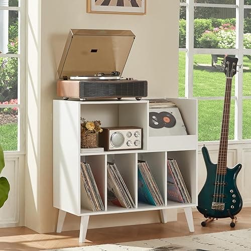 LELELINKY Large Record Player Stand, Turntable Stand with Storage, Vinyl Record Holder with Display Area, Record Player Table Holds Up to 300 Albums, Record Stand for Music Room Living Room-White thumbnail 6