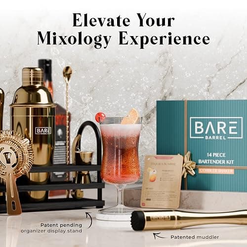 BARE BARREL® Mixology Bartender Kit Bar Set | 14-Piece Cocktail Shaker Set | Martini Barware Mixing Tools for Home Bartending | 35 Recipe Cards | Gift Set (24oz Cobbler Shaker, Gold/Black) thumbnail 8