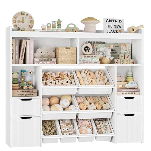HORSTORS 55" W Toy Storage Organizer with Drawers, Large Kids Toy Storage Box with Removable Bins, Tall Kids Bookshelf and Bookcase for Boys and Girls, Modern Toy Chest for Playroom, Classroom, White - Image 1