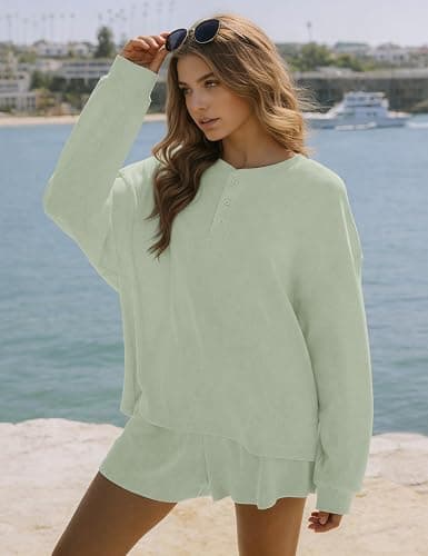 MISSACTIVER Waffle Knit Lounge Sets for Women Long Sleeve Oversized Sweatshirt Elastic Waist Shorts Fall 2 Piece Matching Set thumbnail 5