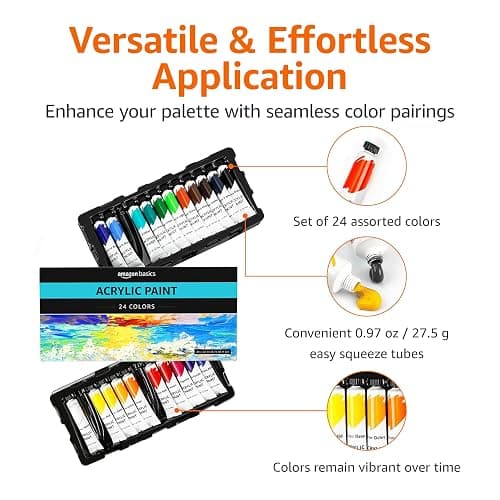 Amazon Basics Acrylic Paint Tubes Set with Rich Pigments, Non Fading, 0.74oz, 24 Colors, Multicolor thumbnail 3