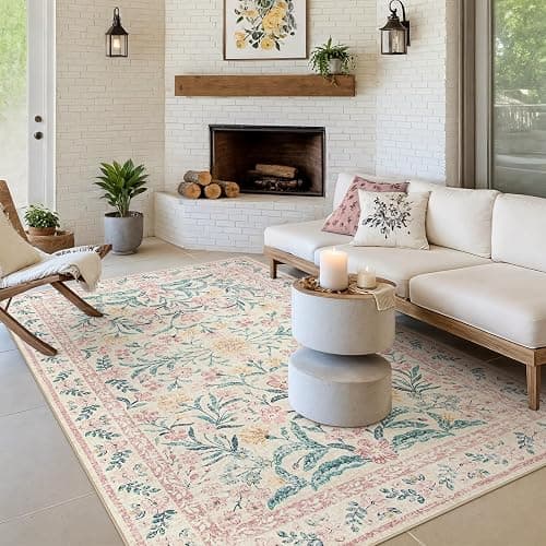 Morebes Floral Pink Rugs for Bedroom Girls, Washable 5x7 Large Area Rug for Living Room Non Slip, Vintage Low-Pile Indoor Floor Boho Flower Carpet for Kids Nursery Playroom, Light Pink&Green - Pink - 5' x 7' (Rectangular) - Image 1