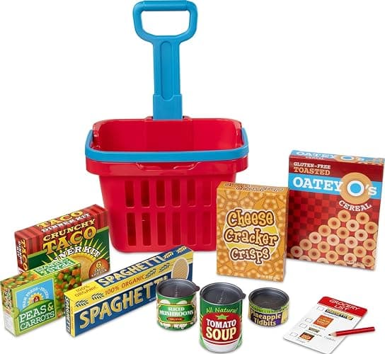 Melissa & Doug Fill and Roll Grocery Basket Play Set With Play Food Boxes and Cans (11 pcs) - Image 1