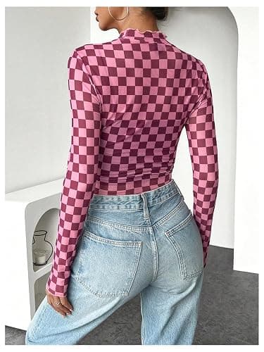 Floerns Women's Checker Print Long Sleeve T Shirts Sheer Mesh Plaid Print Tops thumbnail 2