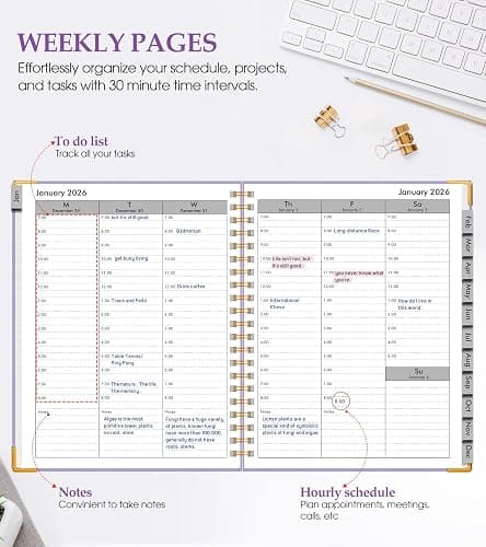 2026 Planner, Weekly and Monthly Calendar Planner from January 2026 - December 2026, 8.5" x 11" Hardcover Leather Hourly Appointment Book with Tabs, Spiral Daily Planners for College School Work Home, Purple thumbnail 3