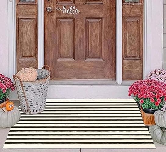 Front Door Mat Outdoor 24'' x 35'' Black and Beige Striped Outdoor Rug Cotton Woven Washable Entryway Rug Small Area Rug for Front Porch/Laundry Room/Bathroom thumbnail 4