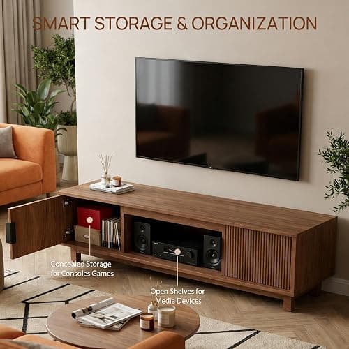 Alpen Fluted TV Stands for Living Room, 58" Mid Century Modern Entertainment Center with Storage, Brown Walnut TV Console for 55/60/65 Inch TV, Wood Television Media Cabinet for Bedroom thumbnail 3