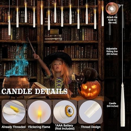 Floating Candles with Wand Remote, 20 Pcs Magic Halloween Hanging Candles, Flickering Warmer Light Flameless LED Candles with DIY Sticker, Battery Operated Halloween Decorations Gifts Indoor (20) thumbnail 4
