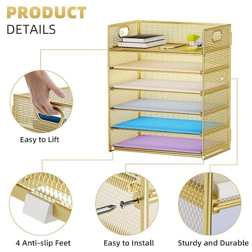 Marbrasse Paper Letter Tray Organizer - 6 Tier Mesh File Organizer with Handle, Paper Sorter Organizer for Letter/A4 Office File Folder Holder - Gold thumbnail 5