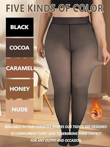 Amzshe Plus Size Fleece Lined Tights for Women, Fake Translucent Warm Winter Leggings, Control Top Thermal Tights thumbnail 6