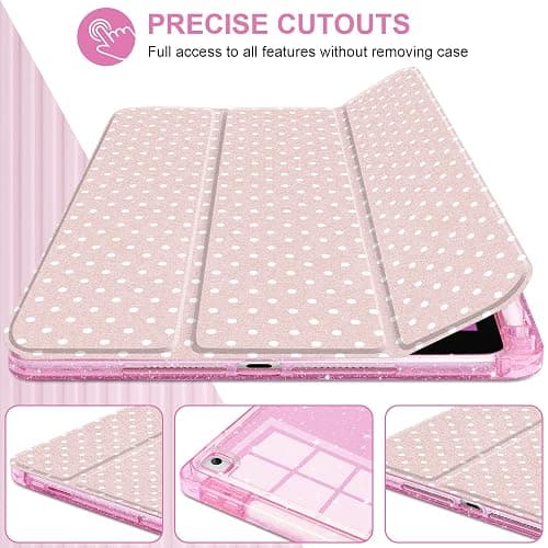 MEEgoodo Case for iPad 10.2 inch(9th Generation 2021/8th Gen 2020/7th Gen 2019), Glitter Tablet Cases with Transparent Acrylic Back+Trifold Stand+Pencil Holder+Auto Wake/Sleep,Blush Pink & Polka Dots thumbnail 5