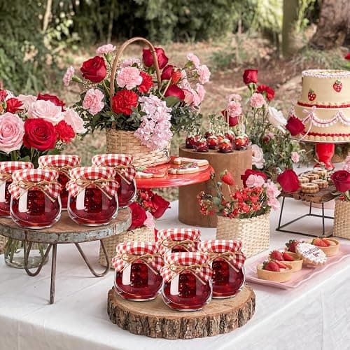 LemonRoad 30 Mini Yogurt Jars 3.4 oz Glass Bottles with Plastic Lids for Jam, Honey, Wedding Favors, Birthday Party Decor Mason Jar with Checkered Cloth and Rope (Circle,Red,White) thumbnail 4
