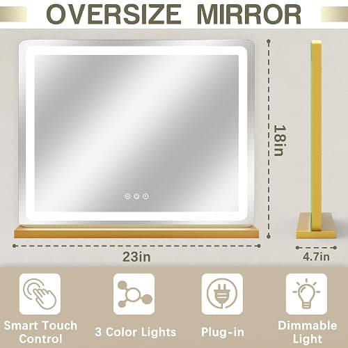 ROLOVE 23"x18" Gold Vanity Mirror with Lights, Large Lighted Makeup Mirror with 10X Magnifier, 3 Color Lighting & Stepless Dimming, Wall Mounted or Tabletop Desk Mirror for Bedroom thumbnail 2