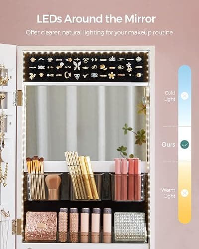 SONGMICS Mirror Jewelry Cabinet Armoire Organizer, Wall or Door Mount Storage Cabinet with Full-Length Frameless Lighted Mirror, Built-in Makeup Mirror, 2 Drawers, Lockable, White UJJC013W01 thumbnail 6